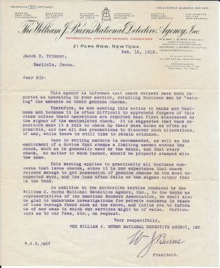 1912 Typed Letter From Wm J Burns Detective Agency About Check Raisers