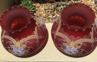 Vintage Pr Fenton Ruby Red Glass Lamp Hand Painted Gilt Replacement Shades