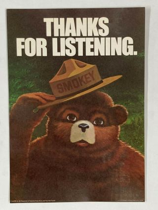1974 Smokey The Bear " Thanks For Listening " Vintage Forest Fire Poster