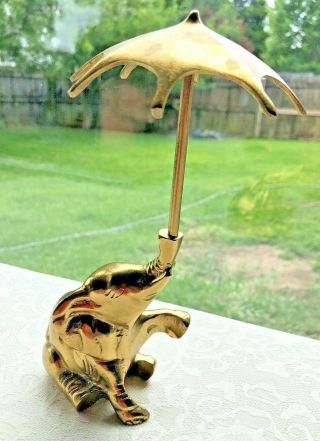 Vintage Brass Elephant Holding Umbrella Up With Trunk Up 7.  5 " H Figure Good Luck