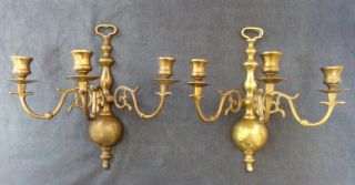 2 Solid Brass Wall Sconce Triple / 3 - Arm Candle Holders