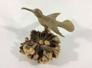 American Hummingbird Guarding Her Nest 2 Eggs.  Hand Carved From Hibiscus Wood