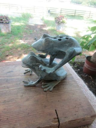 Vintage Flower Frog Figural Metal Bronzed Patina Frog Pair Leapfrogging Great Co
