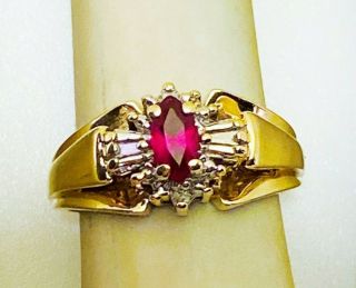 Vintage 10k Yellow Gold Ring Ruby Marquise And Diamonds Size 5 Women 