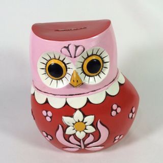 Vintage Retro Owl Coin Bank Floral Red Pink Ceramic Owl Pride 1968