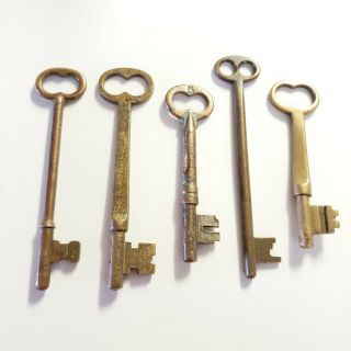 5 Vintage Brass Or Copper Solid Barrel Skeleton Keys 2.  75 " - 3.  5 " Long