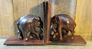 Vintage Elephant Bookends Hand Carved Dark Wooden Figurines 1 Pair