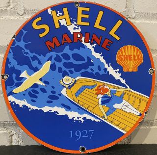 Vintage Shell Marine Porcelain Sign Gas Pump Plate Service Station Lubester
