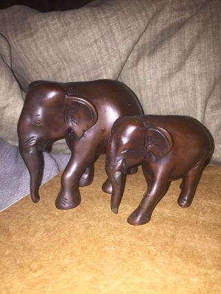 Lg & Sm Vintage Decorative Hand Carved Dark Wooden Elephant Figurines
