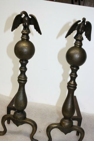 Vintage Cast Iron Brass Looking Eagle Winged Footed Fireplace Andirons