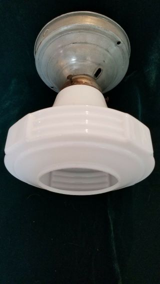Vintage 1930 ' s Ceiling Light - Metal Base With White Glass Art Deco Shade 2