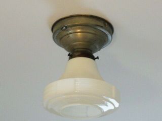 Vintage 1930 ' s Ceiling Light - Metal Base With White Glass Art Deco Shade 3