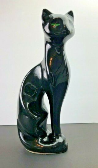 Vintage Mid Century Ceramic Black Cat W/ Green Eyes Statue Figure