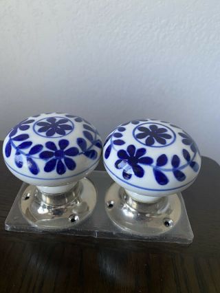 2 Tradewinds Designer Vintage Antique Style Blue White Floral Ceramic Door Knob