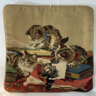 Kittens Playing Cat Needlepoint Pillow 13” Square Velveteen Back W/zipper Ripped