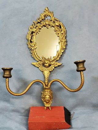 Vintage Brass Art Nouveau 2 Arm Candle Wall Sconce/mirror,  Cherub,  Woman Profile