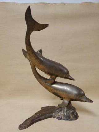 Vintage Brass Dolphin Statue Figurine Swimming Nautical Sea Ocean 13.  5 " Tall
