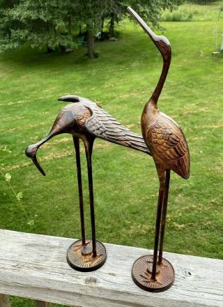 2 Bronzed Brass Heron Crane Egret Tall Bird Figurines Mcm Leonard Silver Co
