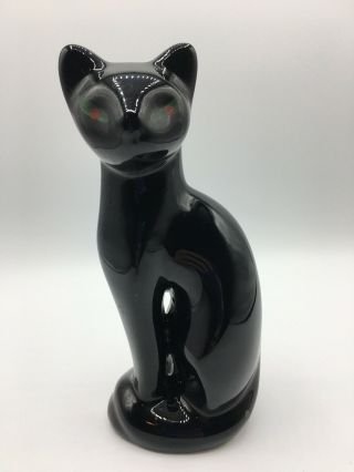 Vintage Mid Century Modern Black Ceramic Cat Figurine W/ Painted Green Eyes