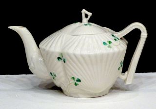 Vintage Irish Belleek Porcelain Harp Shamrock Teapot & Lid / 5th Mark 1955 - 1965
