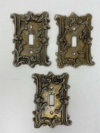 3 Vintage Ornate Cast Brass Metal Wall Plate Light Switch Covers Amertac?