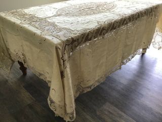 Vtg Light Beige Handmade Needle Lace Embroidered Tablecloth 100 " X 88”