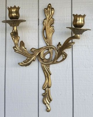 Vtg Brass Sconce 2 Arm Candlestick Holder Hollywood Regency Ornate Art Nouveau