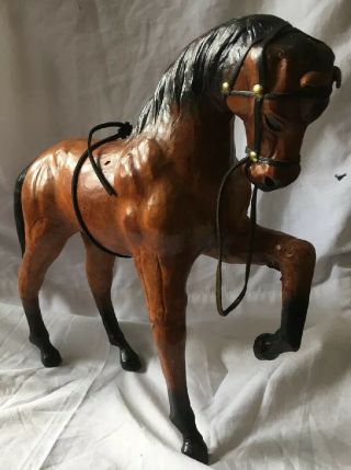 Horse Brown Leather Wrapped Statue Figure Glass Eyes 11” Tall Vtg Equestrian