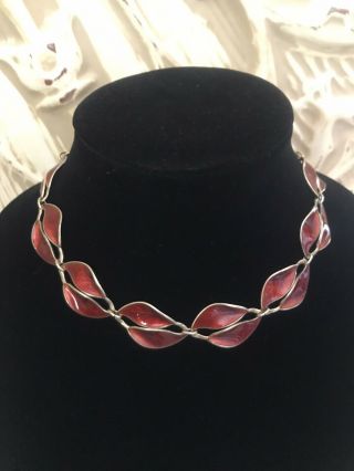 Vintage David Andersen Sterling Silver Red Enamel Double Leaf Necklace 15.  5”