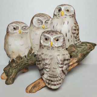 Vintage Enesco Imports Ceramic Figure Family Of Owls On Branch Signed Fred Aman
