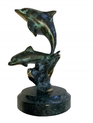Spi San Pacific International Dolphins Coral Brass Sculpture Statue Marble Base