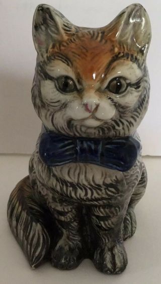Made In Japan Ceramic Tabby Cat W/ Blue Bow Tie Planter House Or Outdoor Use