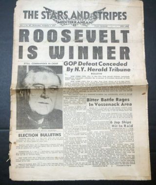 Nov 1944 Wwii " Roosevelt Is Winner " Us Army Stars And Stripes Newspaper Italy