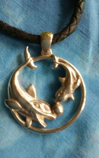 Silver Dolphin Necklace 2 Dolphins Playing W/ball 20 " Woven Leather Cord