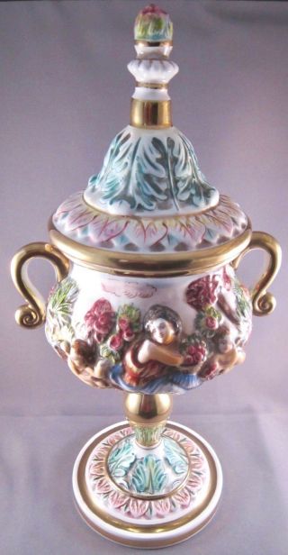 Vintage Capodimonte Urn Lidded Handled Vase - 13.  5 Inches - Italy