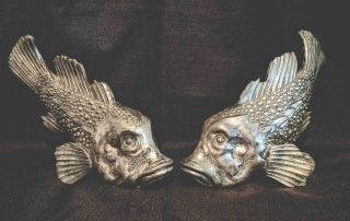 Vintage Pair Collectible Silver Metal Fish Sculpture Carp Made In Italy Signed