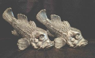VINTAGE Pair Collectible SILVER METAL FISH Sculpture Carp MADE IN ITALY Signed 2