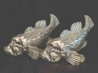 VINTAGE Pair Collectible SILVER METAL FISH Sculpture Carp MADE IN ITALY Signed 3