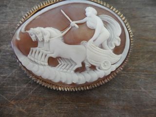Vintage Carved Shell Cameo Pin Brooch Pendant Woman Driving Chariot W 3 Horses