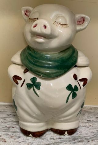 Vintage Shawnee Pottery Smiley Pig Cookie Jar Clover Shamrock Scarf Usa