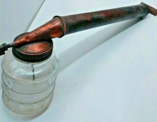 Vintage Hudson Bug Sprayer Wood Handle Copper Glass Jar Adjustable Tip