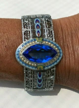 Vtg Art Deco Silver Filigree Bracelet Large Blue Rhinestone,  Pearls Enamel Trim