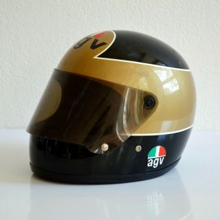 Vintage 70s Agv Biker Full Face Motorcycle Racing Helmet Black Gold Café Racer