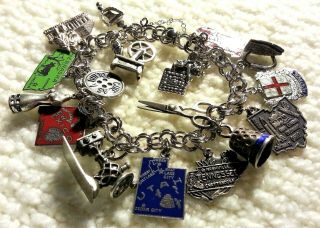 Vintage Elco Link Sterling Silver Charm Bracelet & 17 Charms,  57 G.  7.  50 " Sewing
