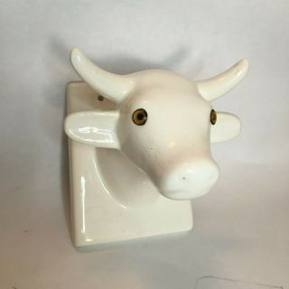 Towle Vintage White Ceramic Cow Bull Head Towel Apron Holder Wall Hook