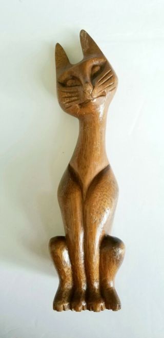 Vintage Mid Century Modern Wooden Cat Hand Carved Sculpture Siamese Cat Figurine