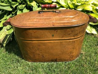 Antique Vintage Primitive Copper Boiler Wash Tub With Lid & Wood Handles