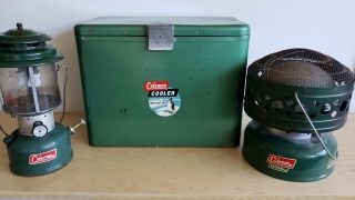 Vintage 1950s Coleman Metal Picnic Cooler Catalytic Heater 1966 And Lantern 1970