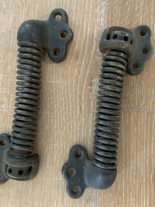 2 Antique Spring Loaded Surface Mount Door Screen Gate Hinges Cast Iron 7 - 3/4”