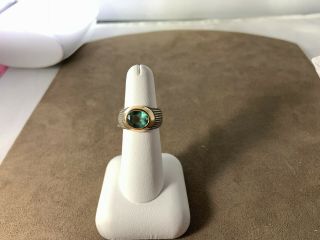 Vintage Maz Sterling Silver And 14k Gold Ring Green Stone Size 6.  5